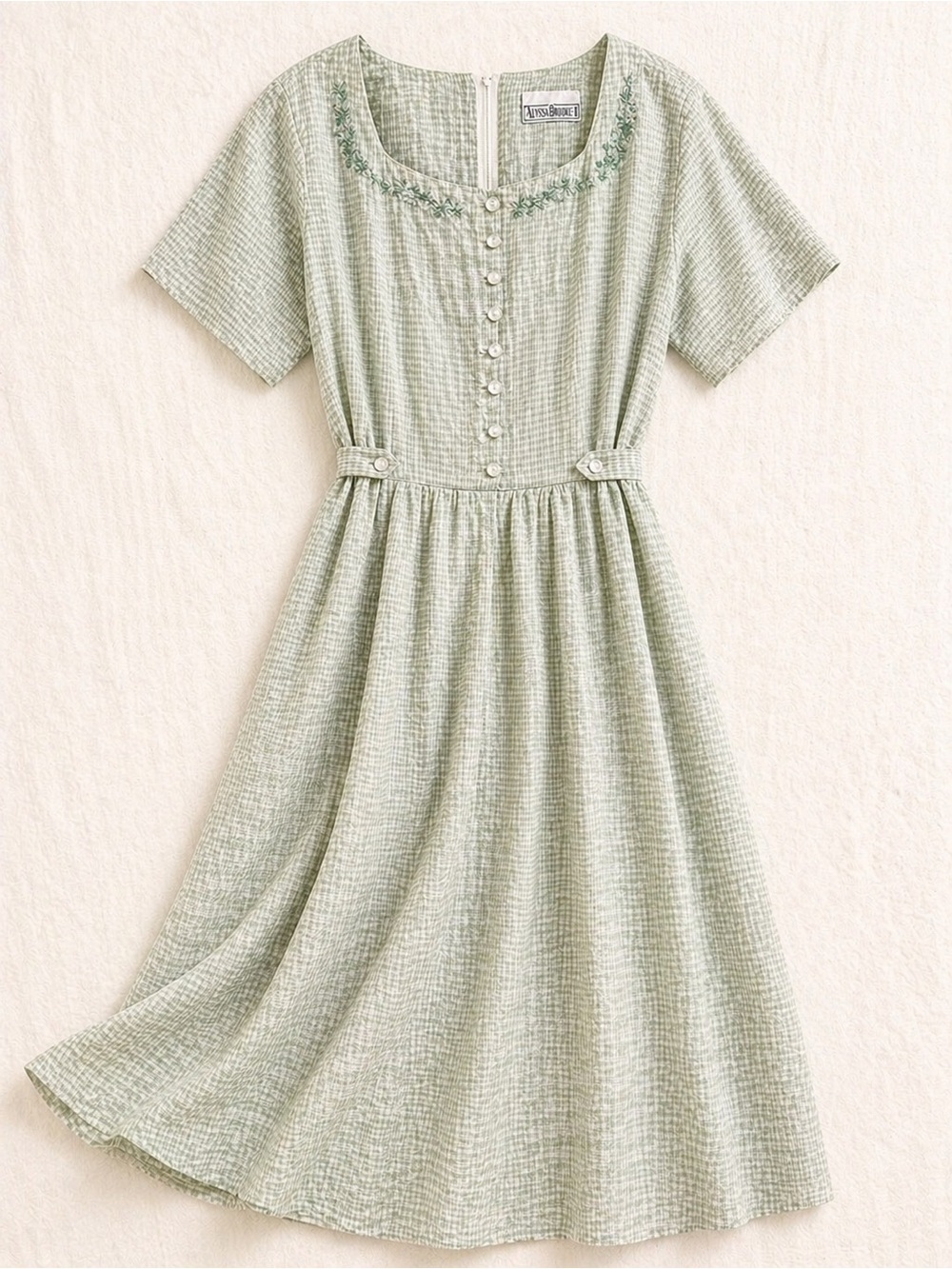 Vintage Alyssa Brookett Green Gingham Midi Dress Cottagecore Prairie Tie Waist